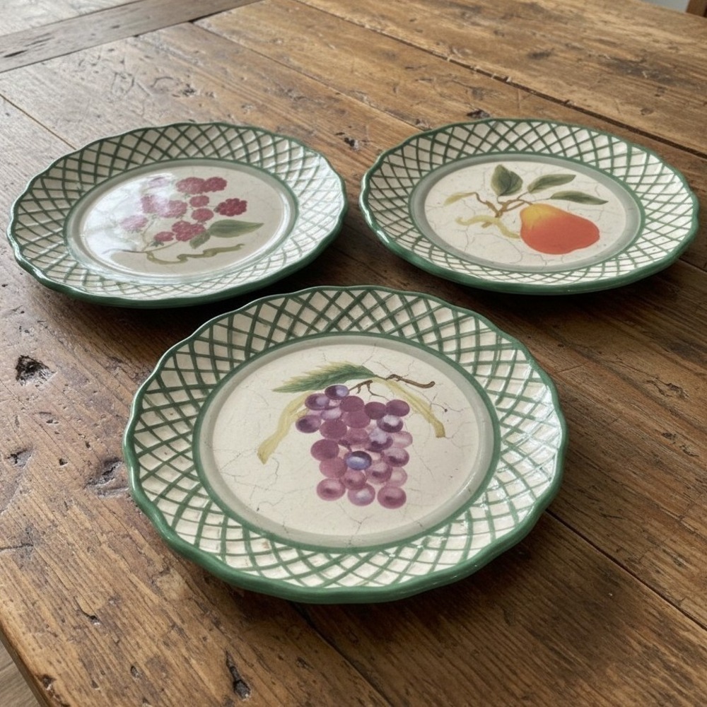 Raymond‎ Waites Cornucopia Fruit Salad Plates, Set of 3, Hand-Painted Dinnerware